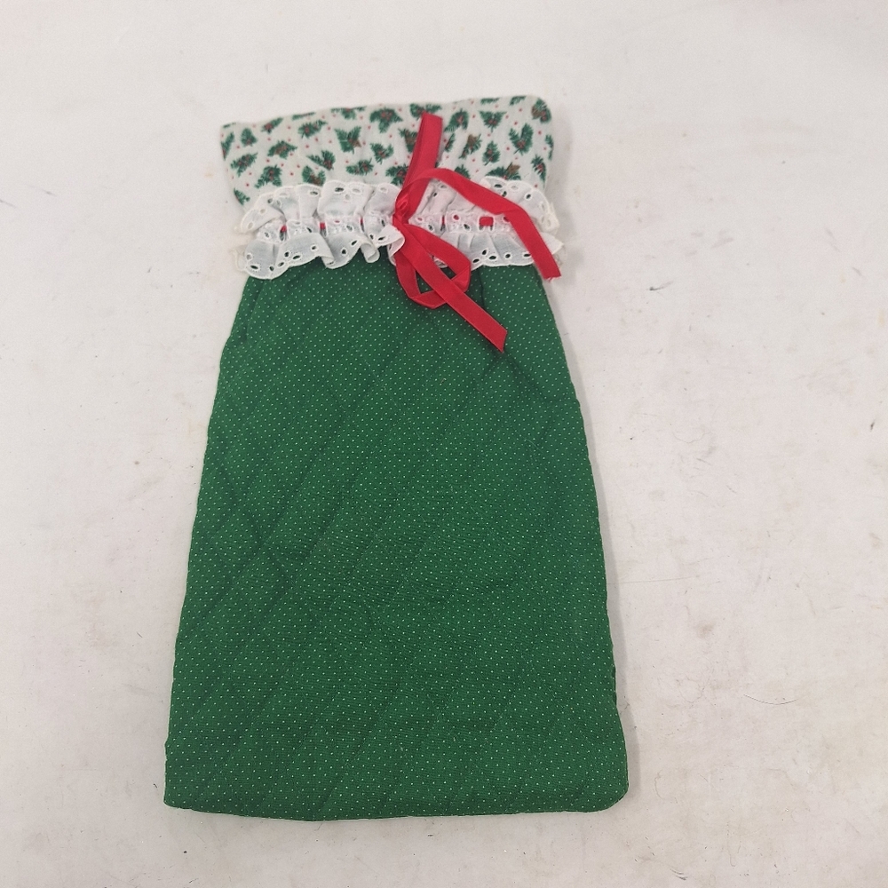 Vintage Handmade Wine Bottle Sleeve Cover Green Quilted Fabric White Lace Sewn